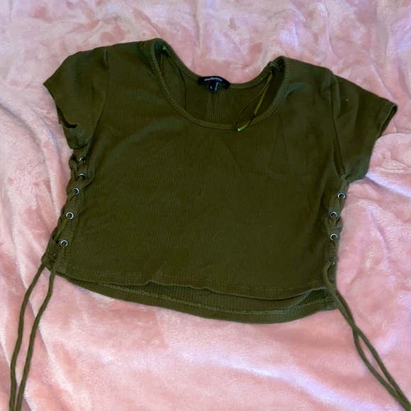 Dark Olive Green Crop Top With Lace-Up Sides - Picture 1 of 4